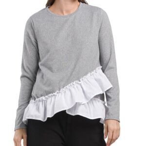 Robert Louis Soft Long Sleeve Asymmetrical Ruffle Hem Top Gray White L NWT